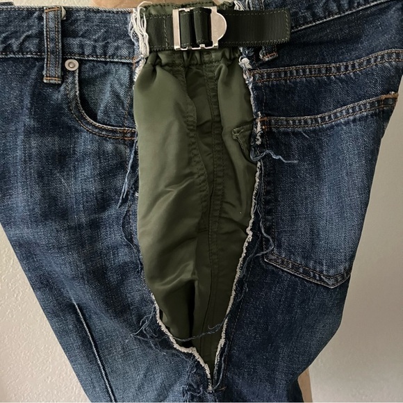SACAI Japan sz 0  XS Deconstructed Blue DENIM JEANS Green Accent - Picture 10 of 14